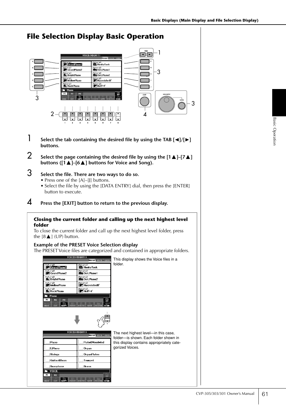 P. 61, File selection display basic operation | Yamaha 303 User Manual | Page 61 / 220