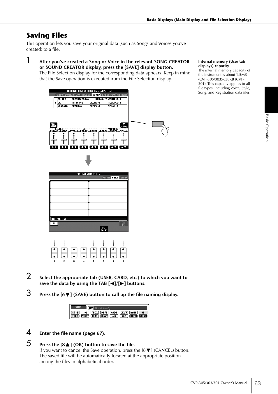 Saving files | Yamaha 303 User Manual | Page 63 / 220