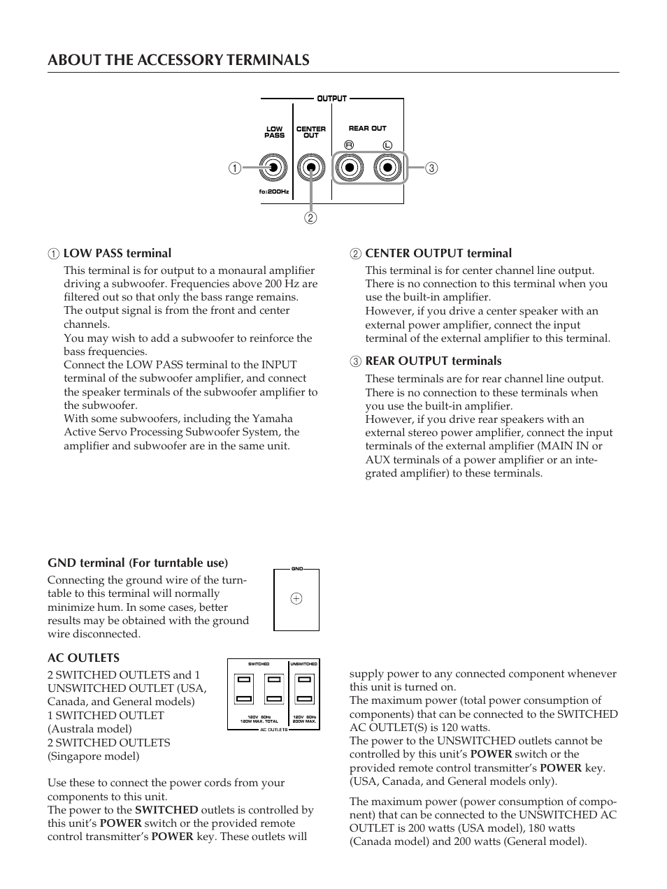 11 about the accessory terminals, 1low pass terminal, 2center output terminal | 3rear output terminals, Gnd terminal (for turntable use), Ac outlets | Yamaha RX-V890 User Manual | Page 11 / 39