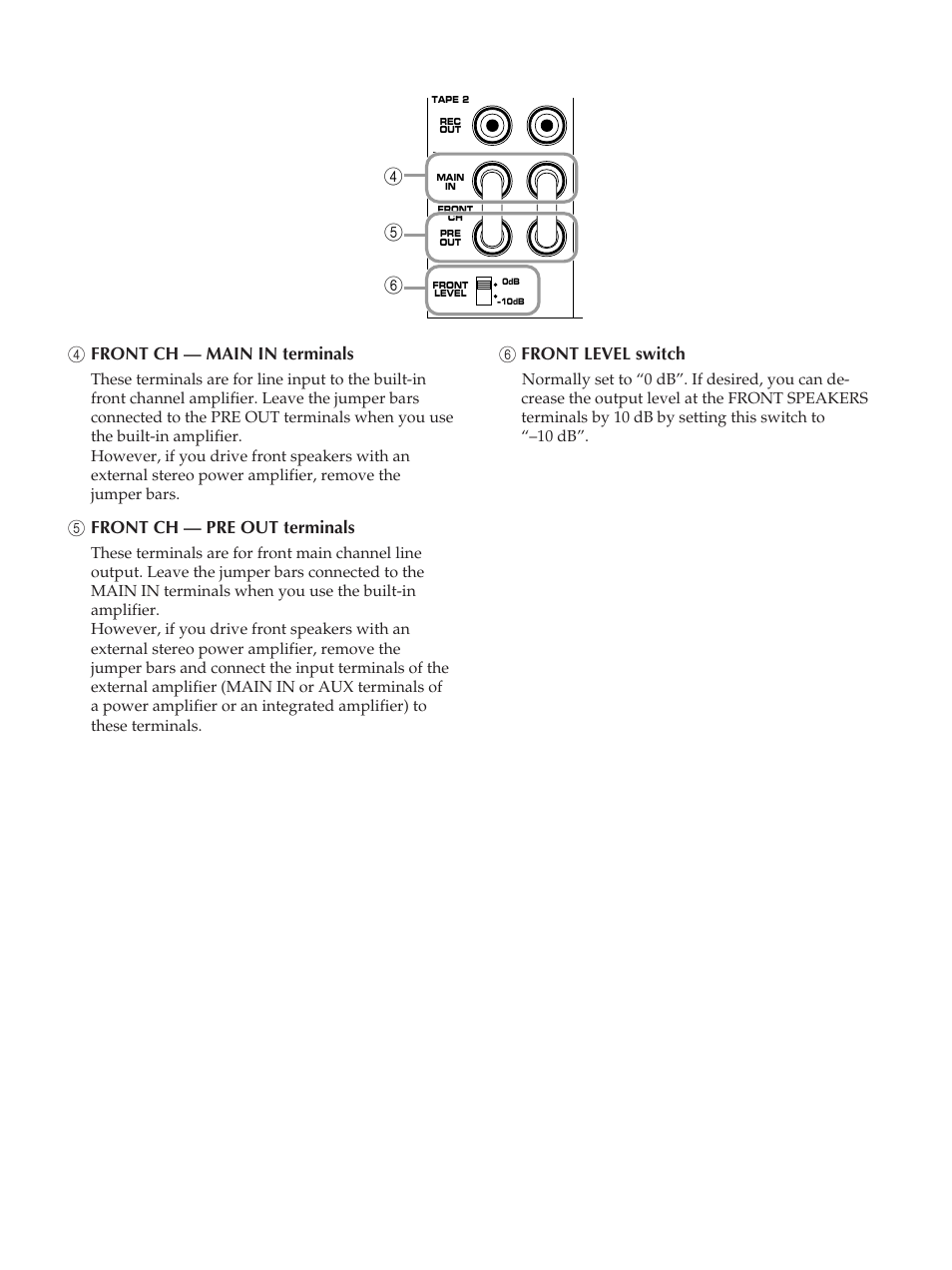 6front level switch, 4front ch — main␣ in terminals, 5front␣ ch — pre␣ out terminals | Yamaha RX-V890 User Manual | Page 12 / 39
