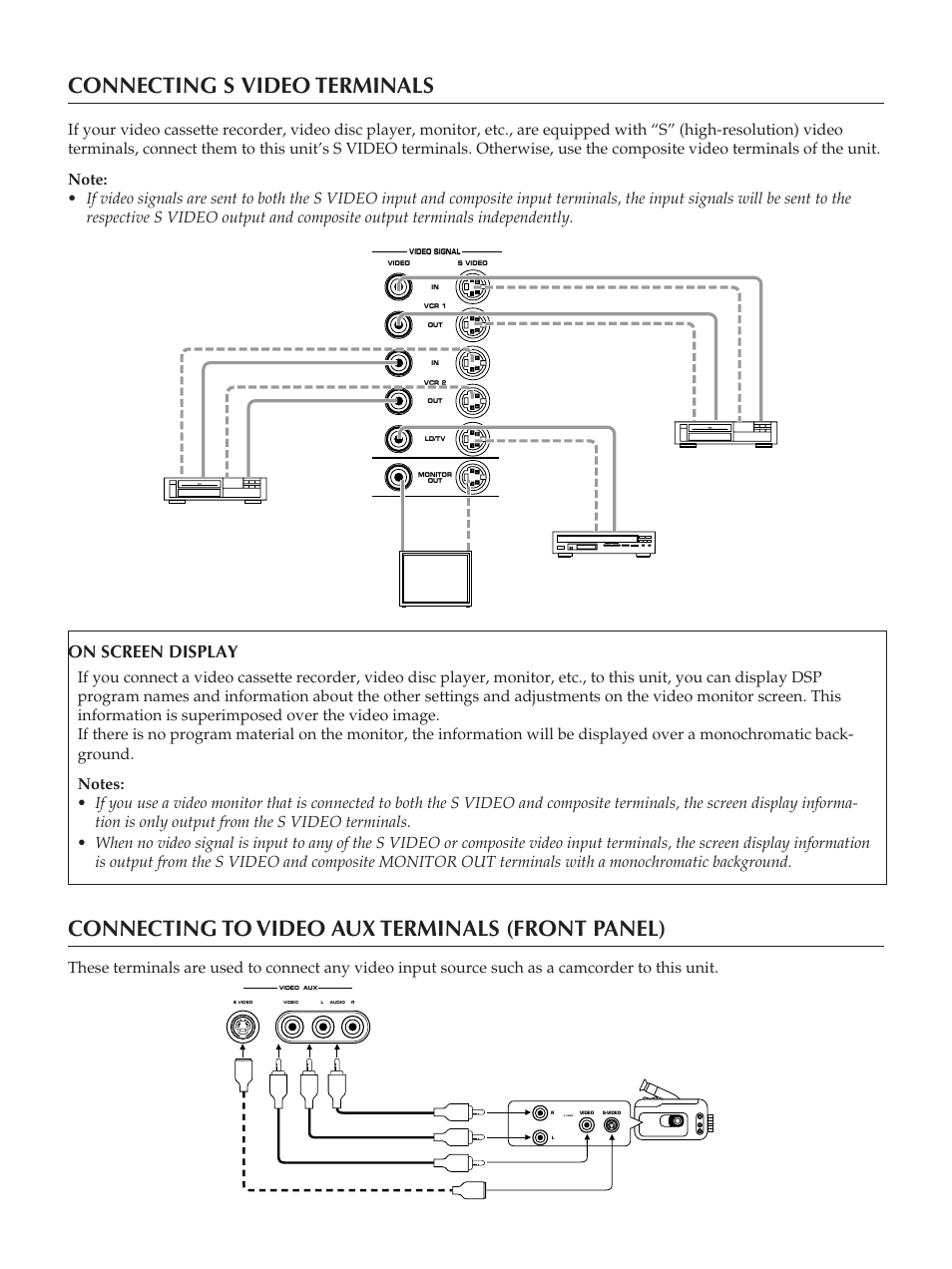 13 connecting s␣ video terminals, Connecting to video aux terminals (front panel), On screen display | Yamaha RX-V890 User Manual | Page 13 / 39