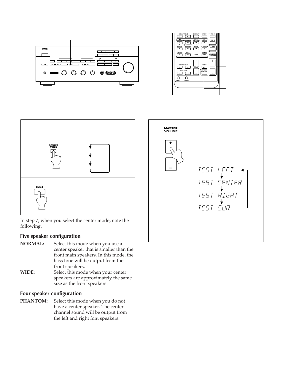 Five speaker configuration, Four speaker configuration, Press the test button to run the dolby test | Yamaha RX-V890 User Manual | Page 16 / 39