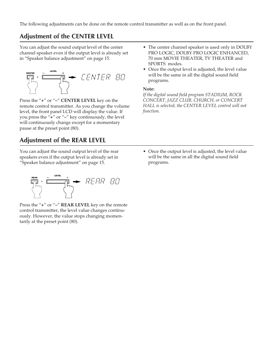 Adjustment of the center level, Adjustment of the rear level | Yamaha RX-V890 User Manual | Page 28 / 39