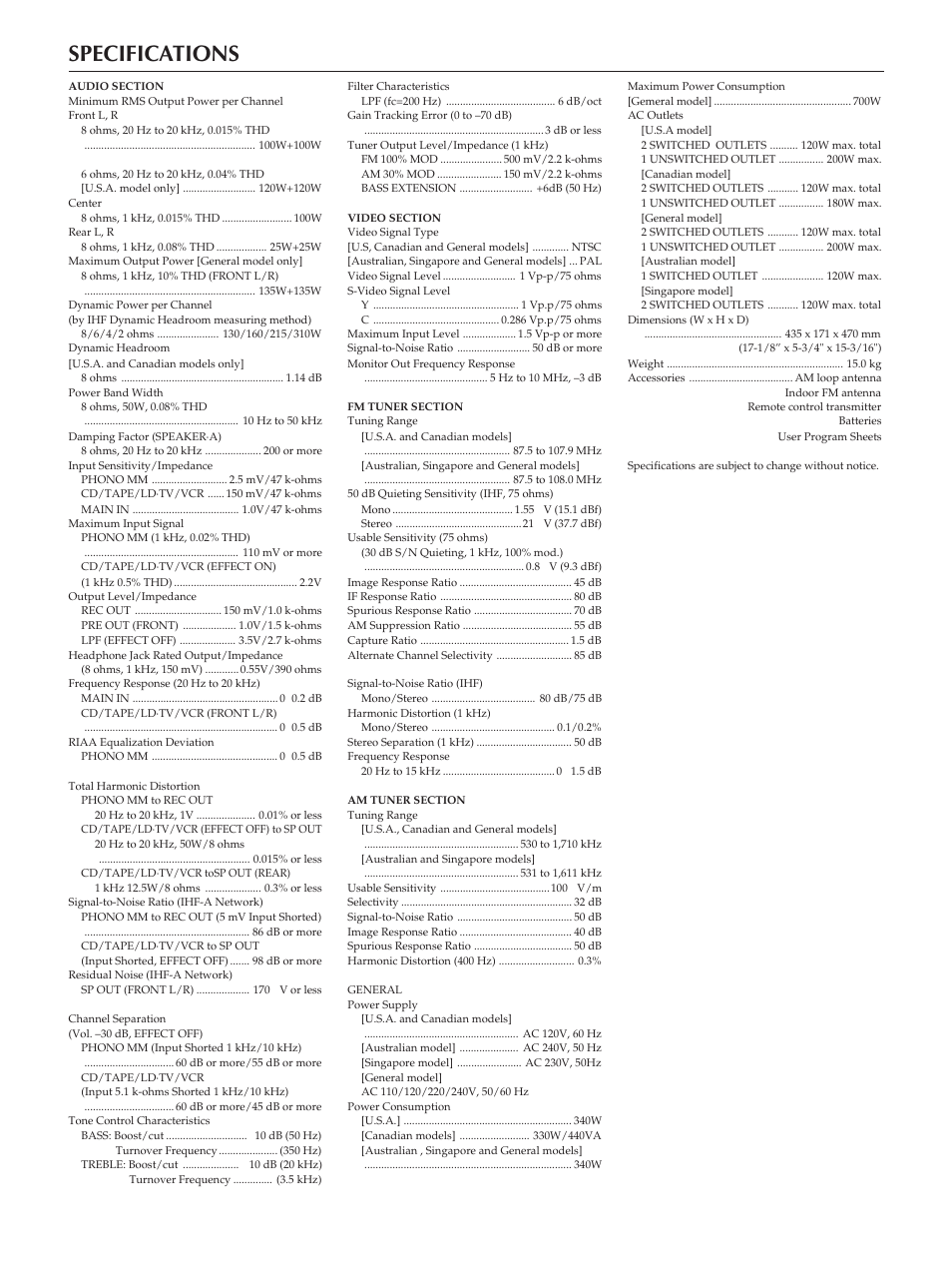 38 specifications | Yamaha RX-V890 User Manual | Page 38 / 39