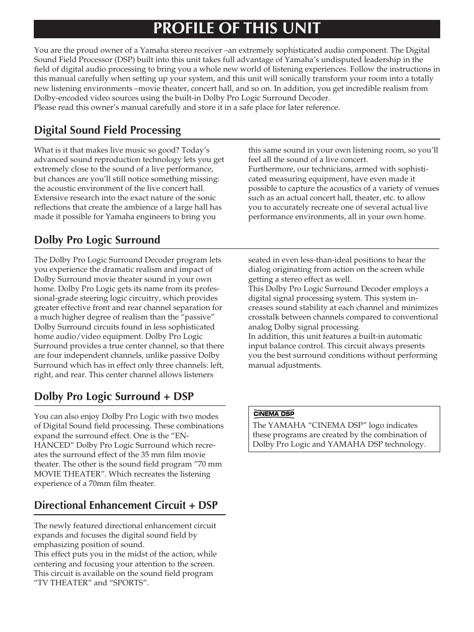 Profile of this unit, Digital sound field processing, Dolby pro logic surround | Dolby pro logic surround + dsp, Directional enhancement circuit + dsp | Yamaha RX-V890 User Manual | Page 6 / 39