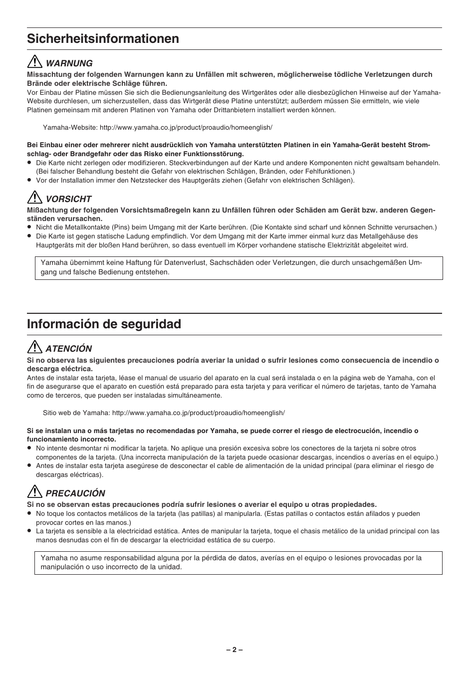 Sicherheitsinformationen, Información de seguridad | Yamaha MY8-DA96 User Manual | Page 2 / 8