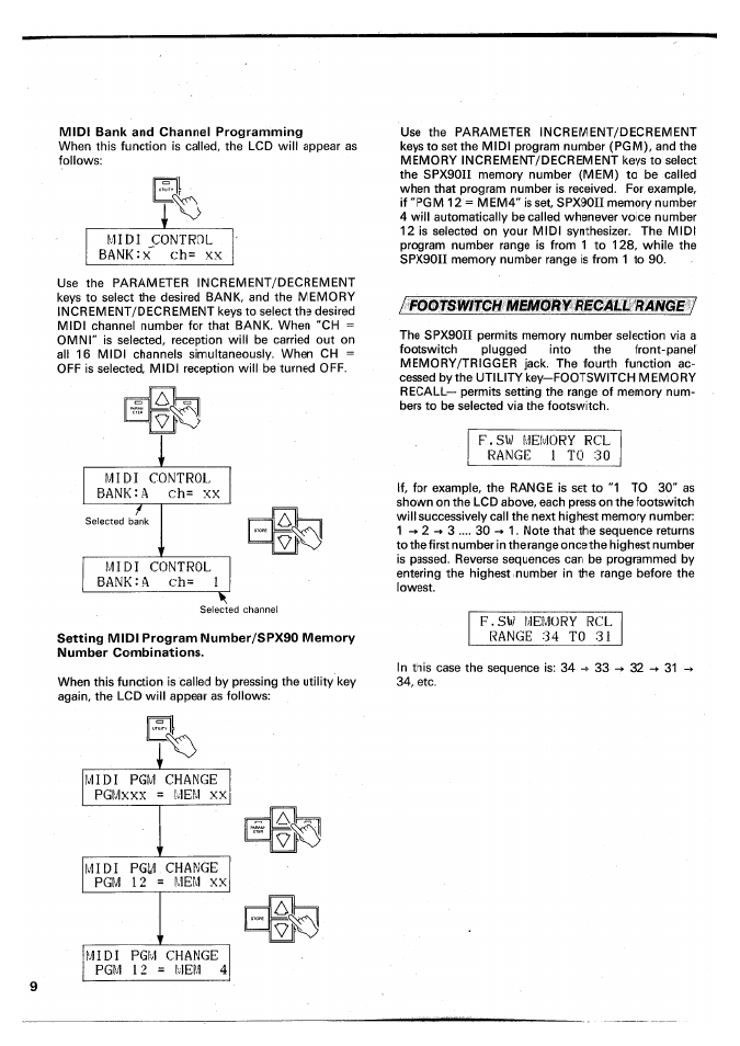 Midi bank and channel programming, Footswitch memory recall ran, Midi control bank:x^ ch= xx | Midi control bank : a, Range 1 to 30, Midi pgm change pgmxxx = mem, Midi pgm change pgm 12 = mem, Midi pgm change pgm 12 = mem 4 | Yamaha SPX90 II User Manual | Page 10 / 101
