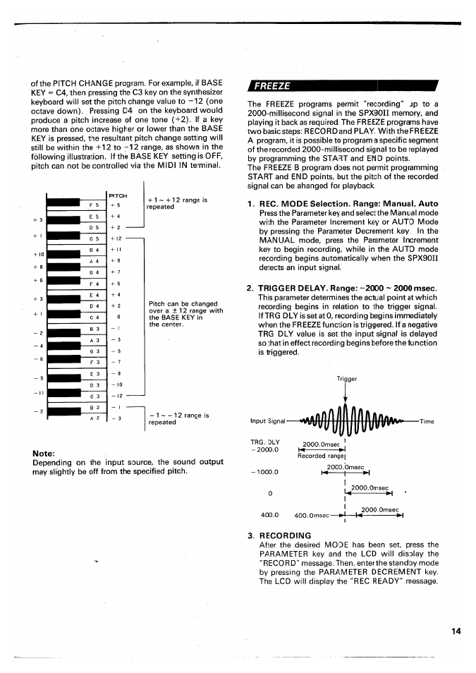 Note, Freeze, Rec. mode selection. range: manual, auto | Trigger delay. range: -2000 ~ 2000msec, Recording, Preeze, I + 1 0 i + 8 + 6, U -------------------h | Yamaha SPX90 II User Manual | Page 15 / 101