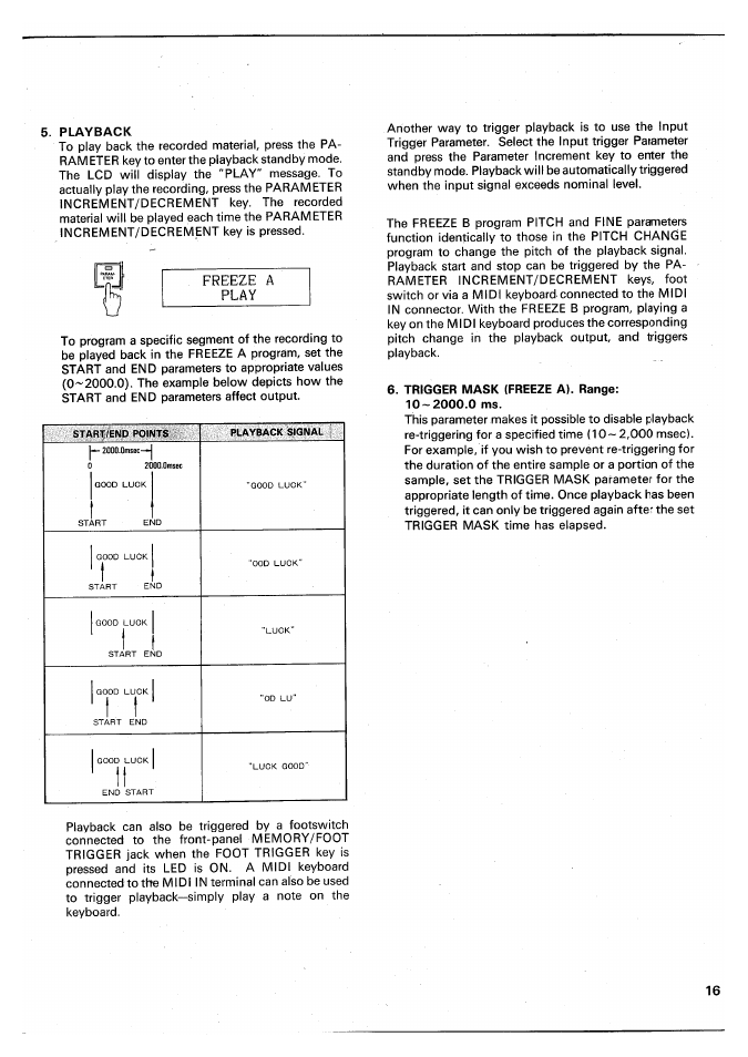 Playback, Trigger mask (freeze a). range, 2000.0 ms | Freeze a play | Yamaha SPX90 II User Manual | Page 17 / 101