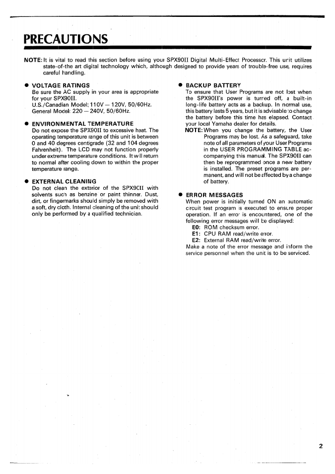 Precautions, Voltage ratings, Environmental temperature | Backup battery, Error messages | Yamaha SPX90 II User Manual | Page 3 / 101