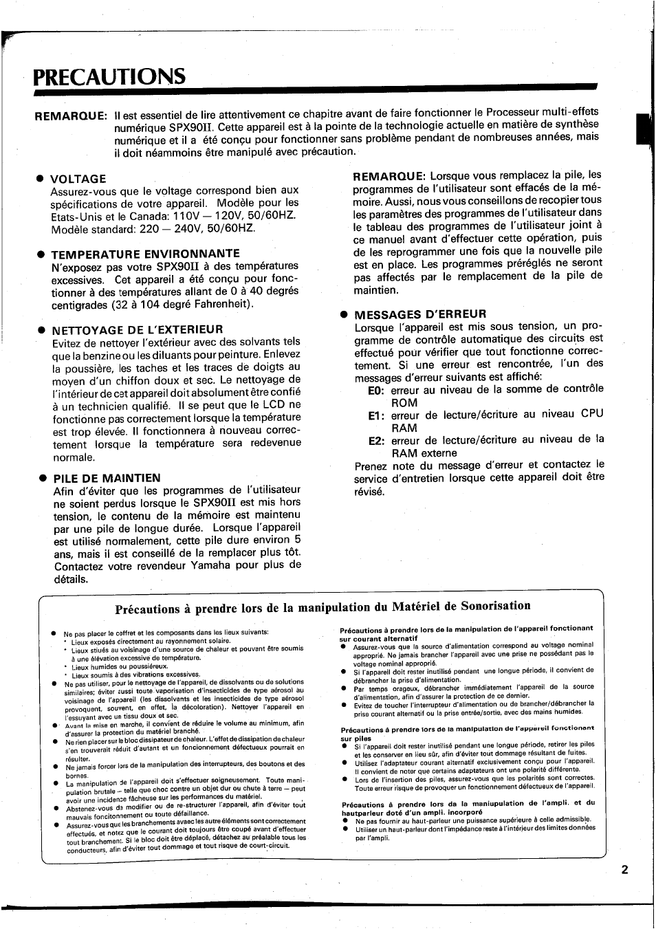 Precautions, Voltage, Temperature environnante | Nettoyage de l'exterieur, Messages d'erreur, Lorsque vous rem placez la pile, les, Placer | Yamaha SPX90 II User Manual | Page 36 / 101