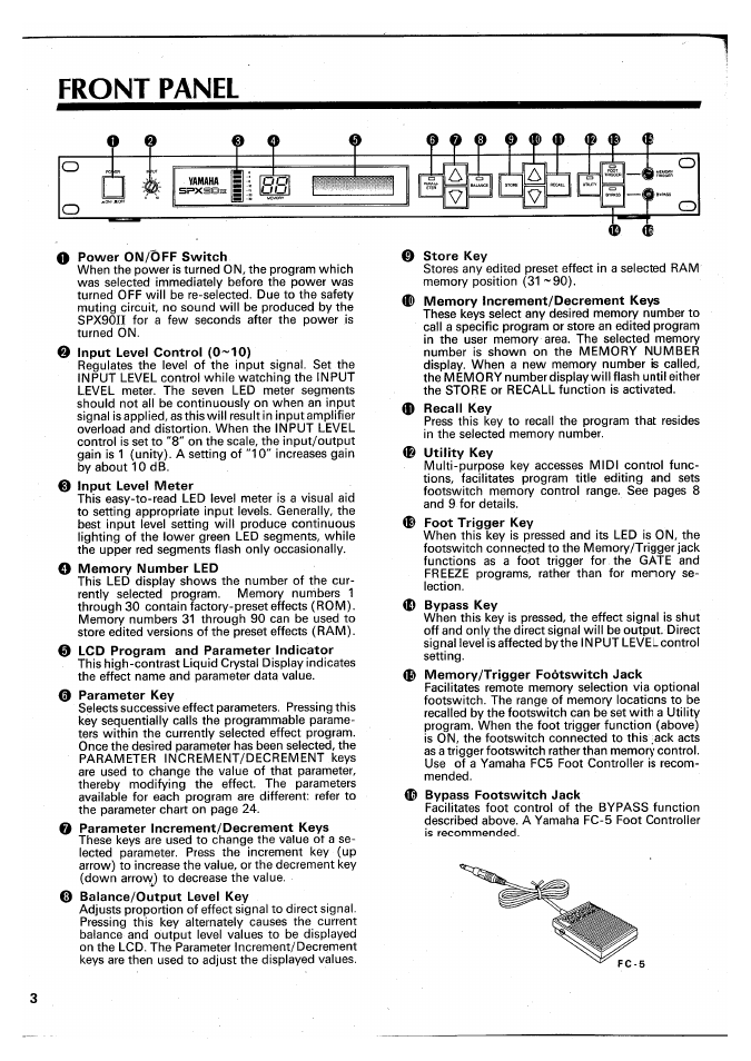 Front panel, O power oim/off switch, 0 input level control (0~10) | 0 input level meter, 0 lcd program and parameter indicator, 0 parameter key, 0 parameter increment/decrement keys, 0 balance/output level key, 0 store key, 0 recall key | Yamaha SPX90 II User Manual | Page 4 / 101