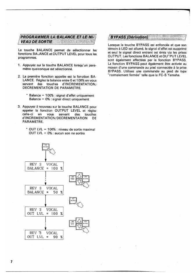 Programmer la balance et le n1, I veau de sortie, Bypass (dérivation) | Niveau de sortie bypass (dérivation), Rev 3 vocal balance = 50 7, Rev 3 vocal out lvl = 100, Rev "3 vocal out lvl = 90 | Yamaha SPX90 II User Manual | Page 41 / 101