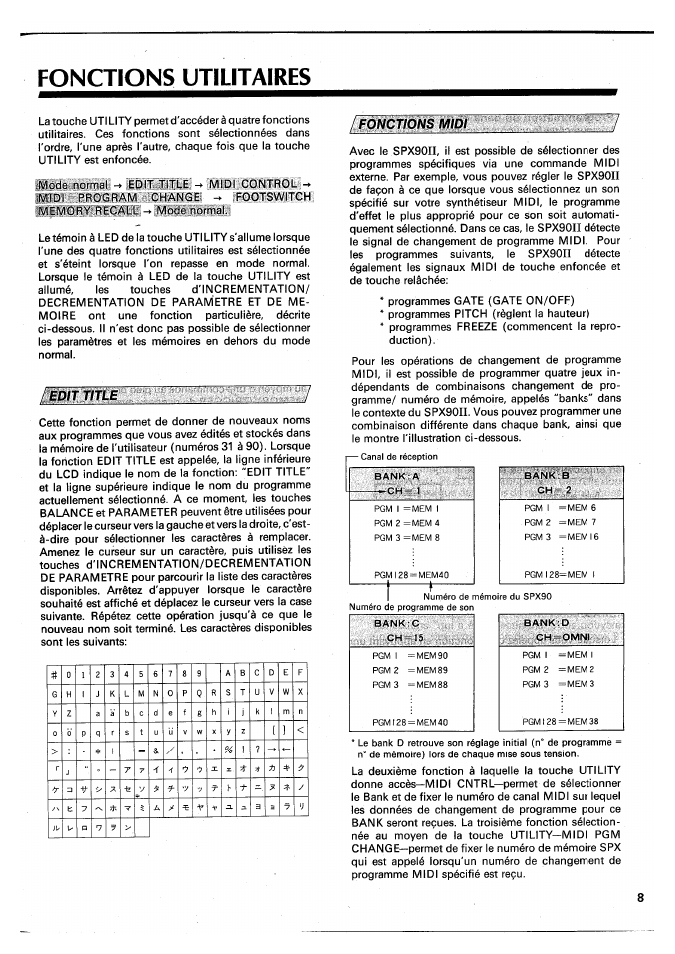 Fonctions midi, Edit title, Edit title fonctions midi | Fonctions utilitaires | Yamaha SPX90 II User Manual | Page 42 / 101