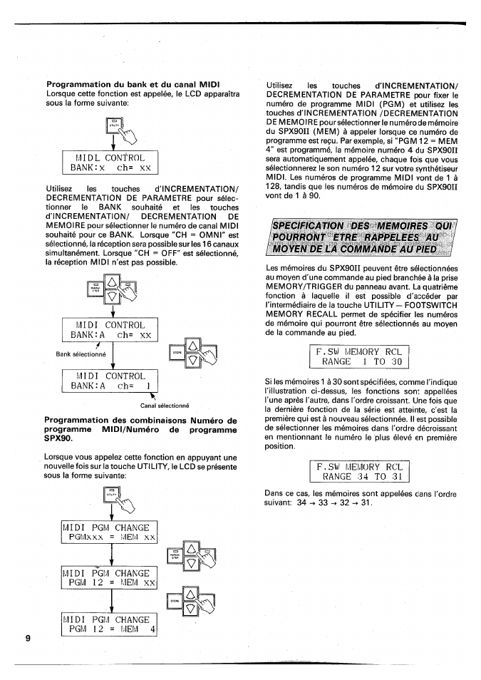 Programmation du bank et du canal midi, Lkl vlo, Midl control bank:x ch= xx | Midi control bank:a ch= xx, Range 1 to 30 midi control bank:a ch= 1, Midi pgm pgmxxx change = mem, Midi pgm pgm 12 change = mem, Midi pgm pgm 12 change = mem ' 4 | Yamaha SPX90 II User Manual | Page 43 / 101