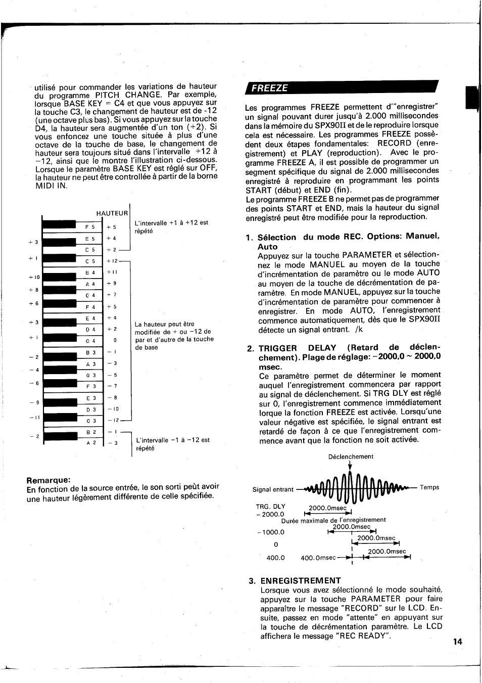 Remarque, Sélection du mode rec. options; manuel, auto, Msec | Enregistrement, Freeze | Yamaha SPX90 II User Manual | Page 48 / 101