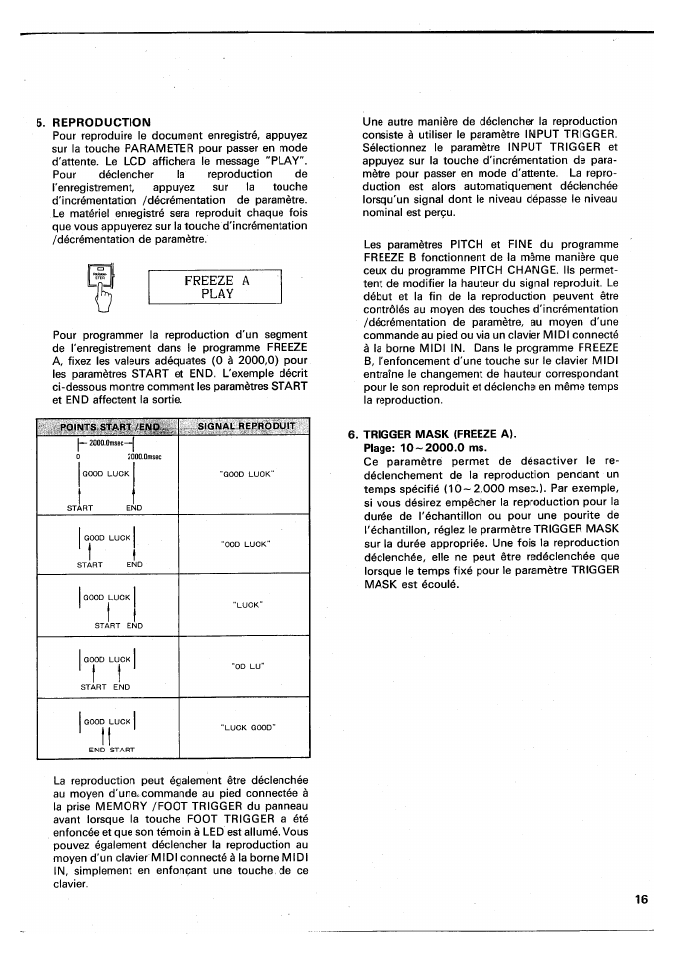Reproduction, Trigger mask (freeze a), Freeze a play | Yamaha SPX90 II User Manual | Page 50 / 101