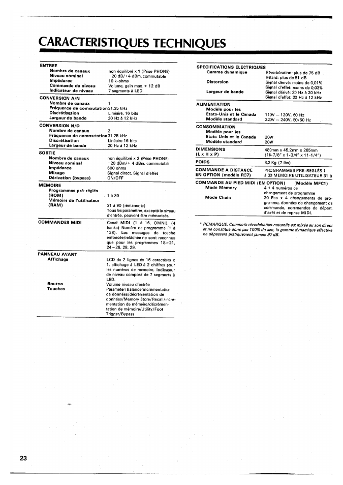 Caracteristiques techniques | Yamaha SPX90 II User Manual | Page 57 / 101