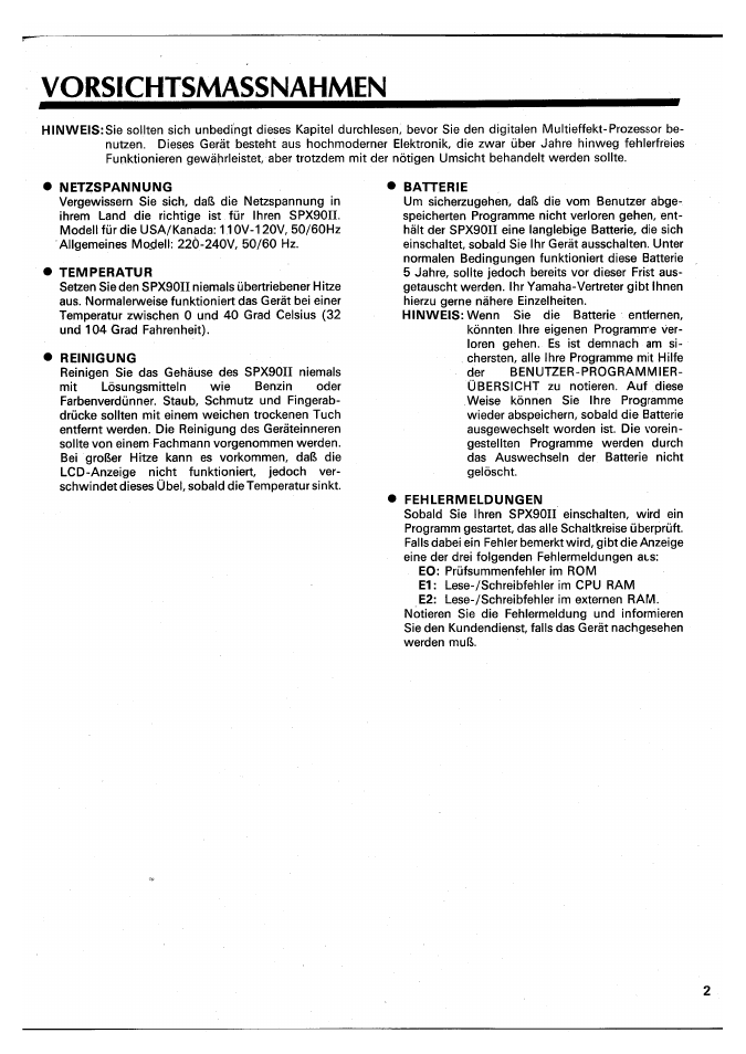 Vorsichtsmassnahmen, Netzspannung, Temperatur | Reinigung, Batterie, Fehlermeldungen | Yamaha SPX90 II User Manual | Page 69 / 101