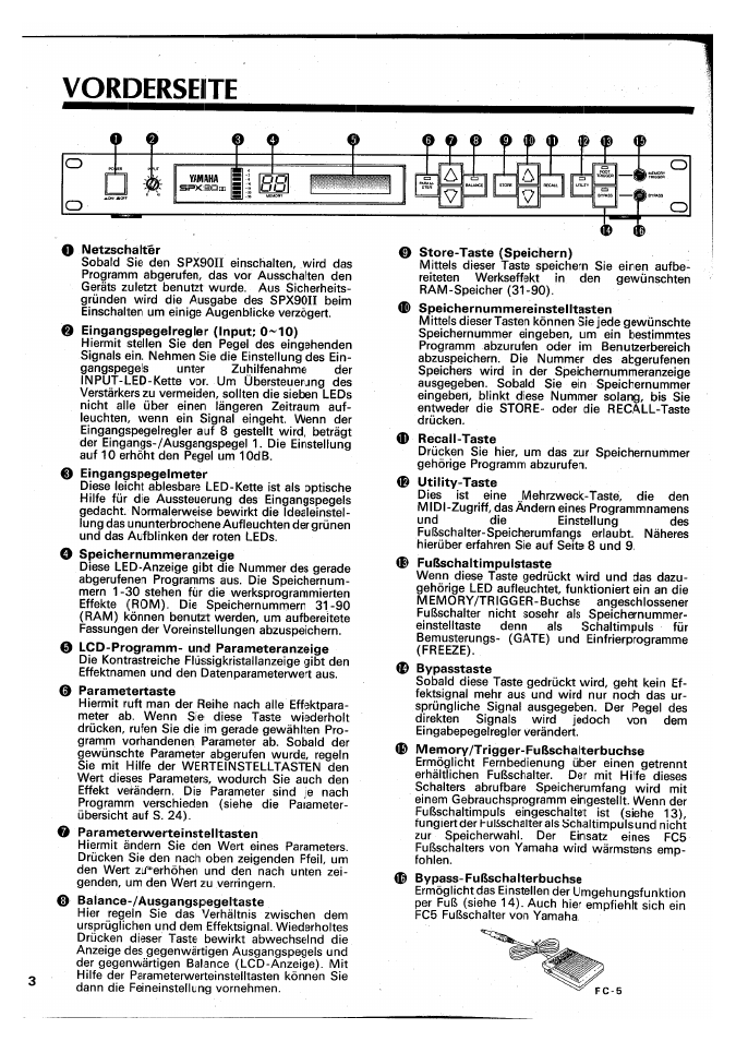 Vorderseite, O netzschalter, 0 eingangspegelmeter | 0 lcd-programm- und parameteranzeige, 0 parametertaste, 0 parameterwerteinstelltasten, 0 balance-zausgangspegeltaste, 0 store-taste (speichern), 0 speichernummereinstelltasten, 0 utility-taste | Yamaha SPX90 II User Manual | Page 70 / 101