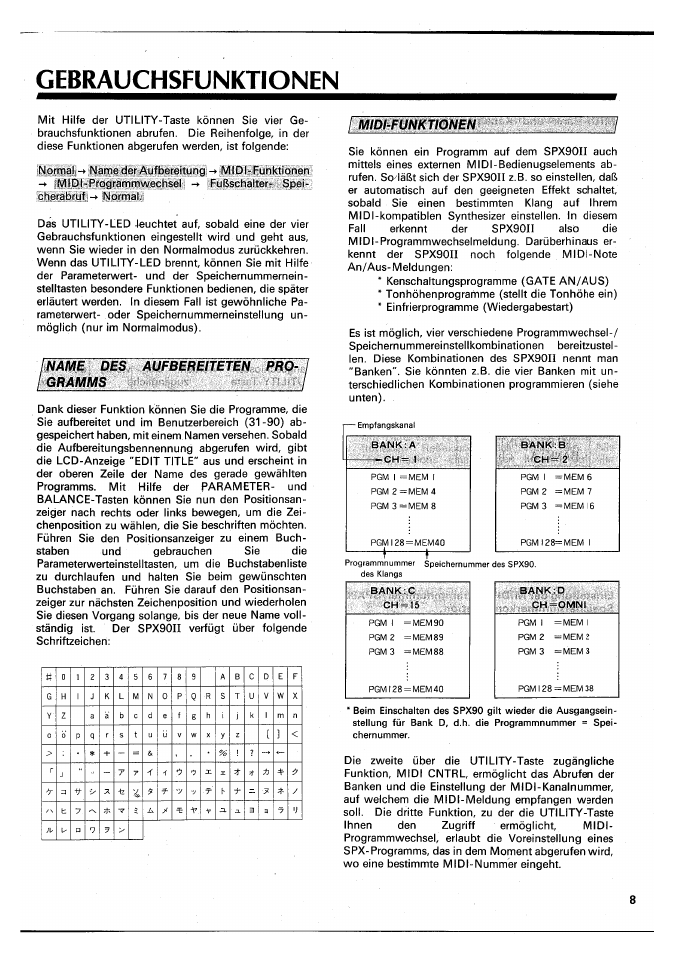 Gebrauchsfunktionen, Name des aufbereiteten programms, Midi-funktionen | Name des aufbereiteten pro­ gramms | Yamaha SPX90 II User Manual | Page 75 / 101