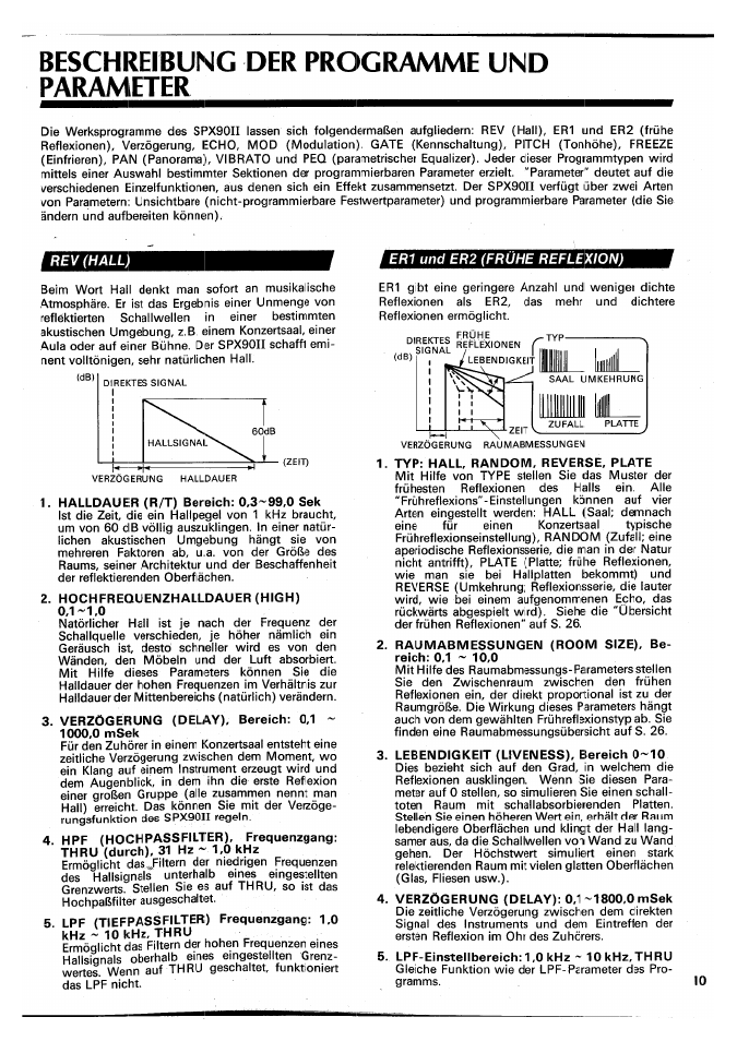 Beschreibung der programme und parameter, Halldauer (r/t) bereich: 0,3-99,0 sek, Hochfrequenzhalldauer (high) | Verzögerung (delay), bereich: 0,1, Typ: hall, random, reverse, plate, Raumabmessungen (room size), bereich: 0,1 - 10,0, Lebendigkeit (liveness), bereich 0-10, Verzögerung (delay): 0,1-1800,0 msek, Lpf-einstellbereich: 1,0 khz - 10 khz, thru | Yamaha SPX90 II User Manual | Page 77 / 101