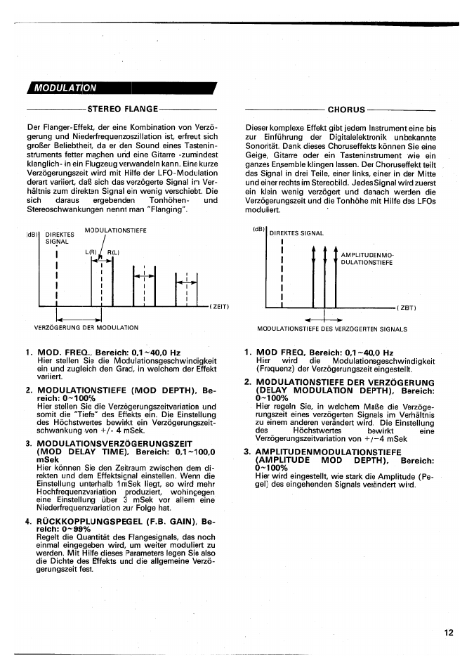 Modulation, Stereo flange, Mod. freq., bereich: 0.1-40,0 hz | Modulationstiefe (mod depth), bereich: 0-100, Rückkopplungspegel (f.b. gain), bereich: 0-99, Mod freq, bereich: 0.1-40,0 hz | Yamaha SPX90 II User Manual | Page 79 / 101