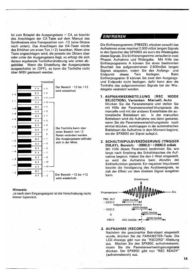 Hinweis, Einfrieren, Aufnahme (record) | Yamaha SPX90 II User Manual | Page 81 / 101