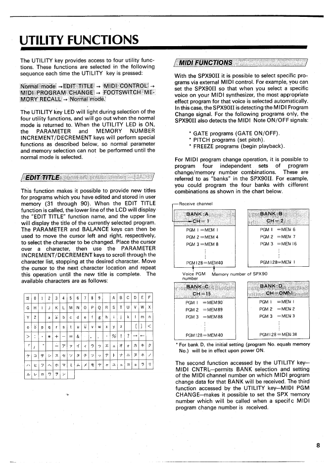 Utility functions, Mbi functions, Edit title | Edit title midi functions | Yamaha SPX90 II User Manual | Page 9 / 101