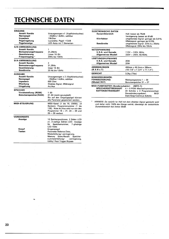 Technische daten | Yamaha SPX90 II User Manual | Page 90 / 101