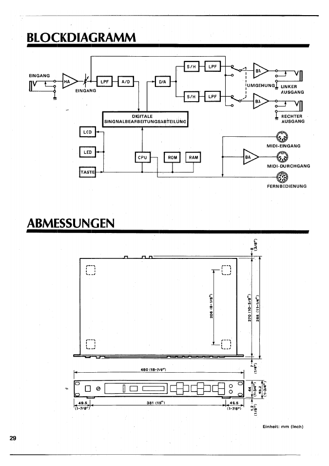 Blockdiagramm, Abmessungen, Blockdiagramm abmessungen | Yamaha SPX90 II User Manual | Page 96 / 101