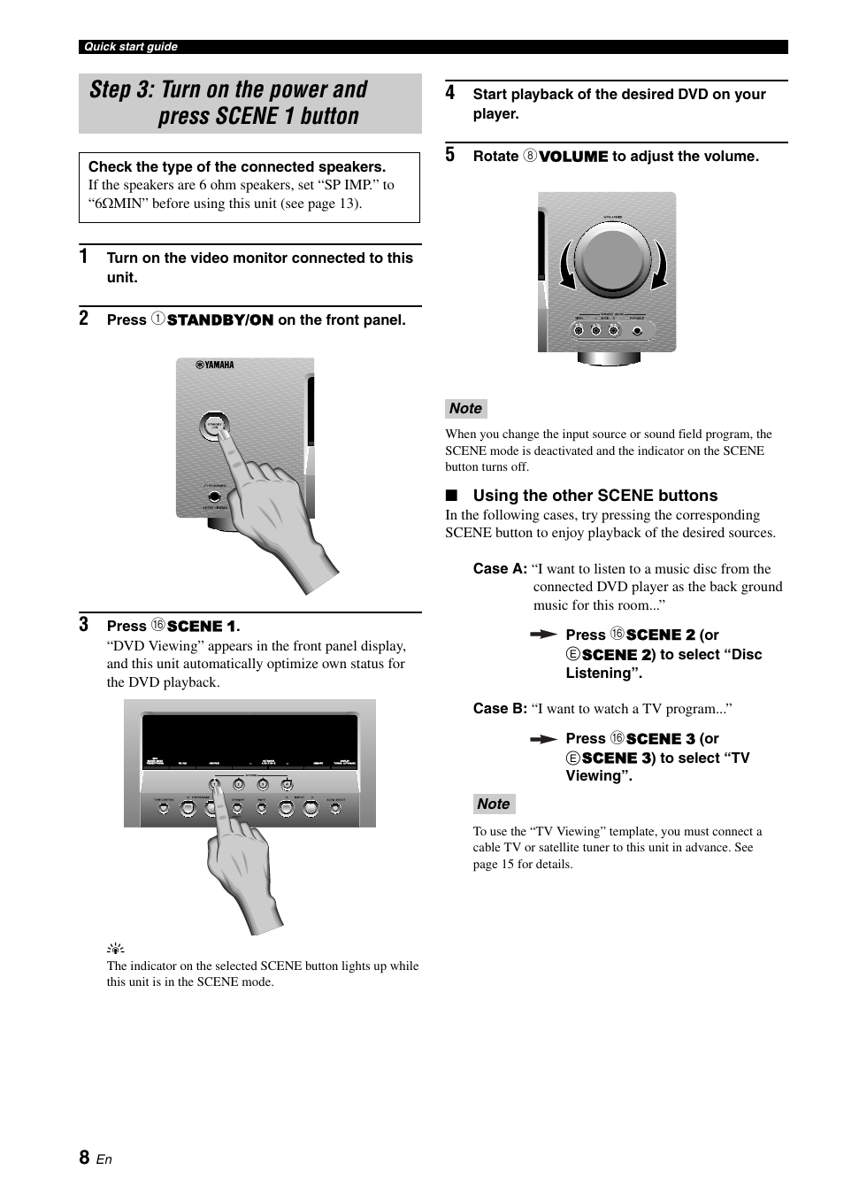 Step 3: turn on the power and press scene 1 button, Step 3: turn on the power and, Press scene 1 button | P. 8, Using the other scene buttons | Yamaha RX-V361 User Manual | Page 12 / 78
