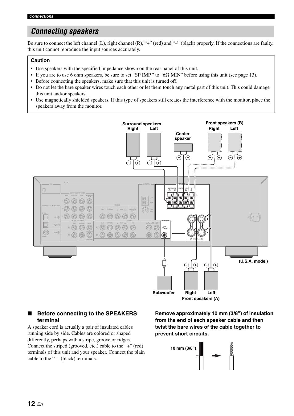 Connecting speakers, Before connecting to the speakers terminal, Connections | Yamaha RX-V361 User Manual | Page 16 / 78