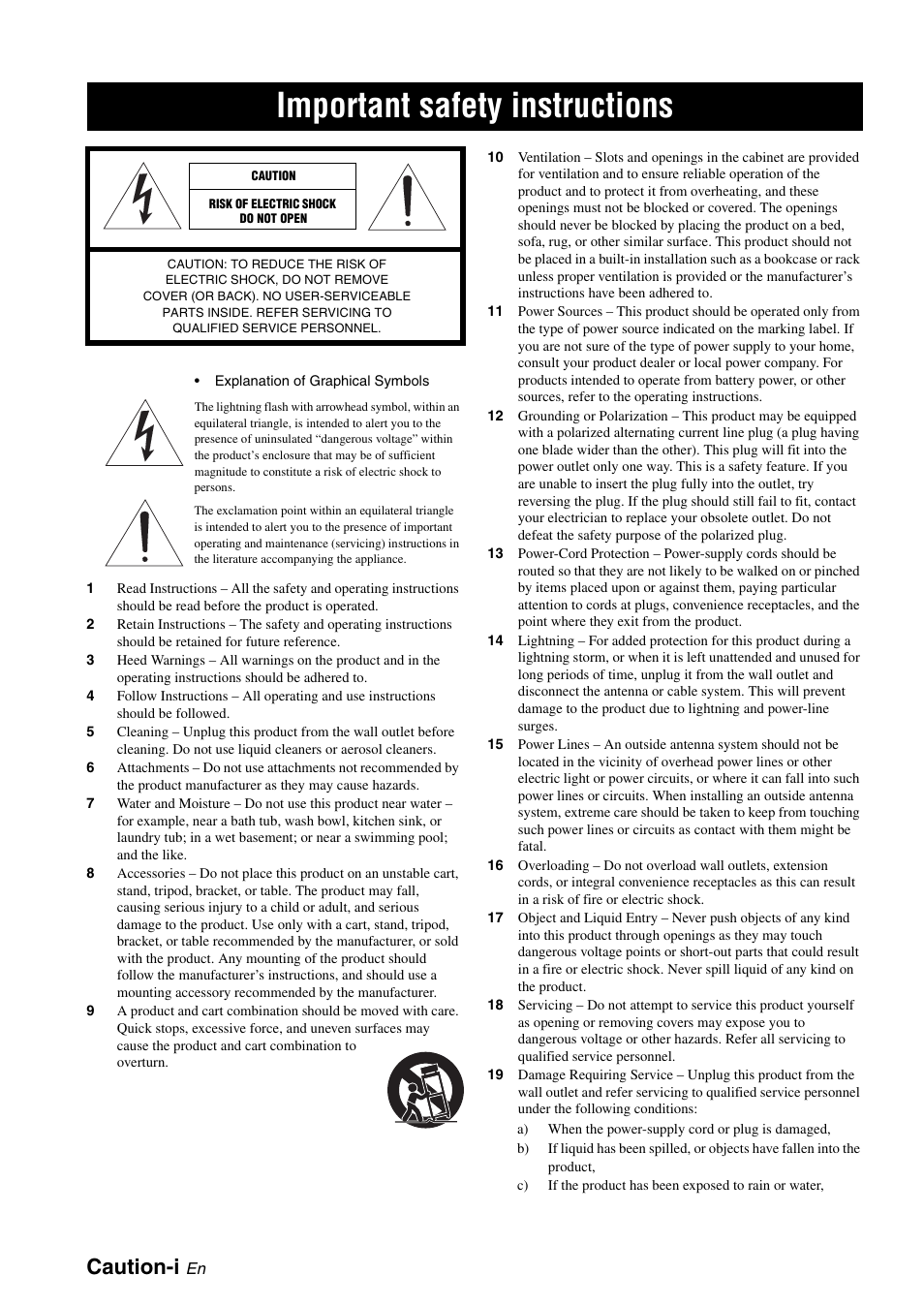 Important safety instructions, Caution-i | Yamaha RX-V361 User Manual | Page 2 / 78