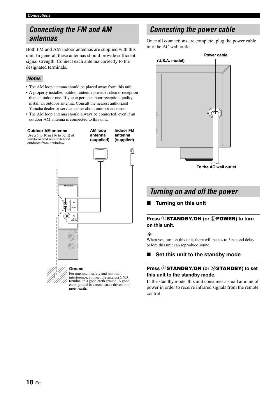 Connecting the fm and am antennas, Connecting the power cable, Turning on and off the power | P. 18, Turning on this unit, Set this unit to the standby mode | Yamaha RX-V361 User Manual | Page 22 / 78