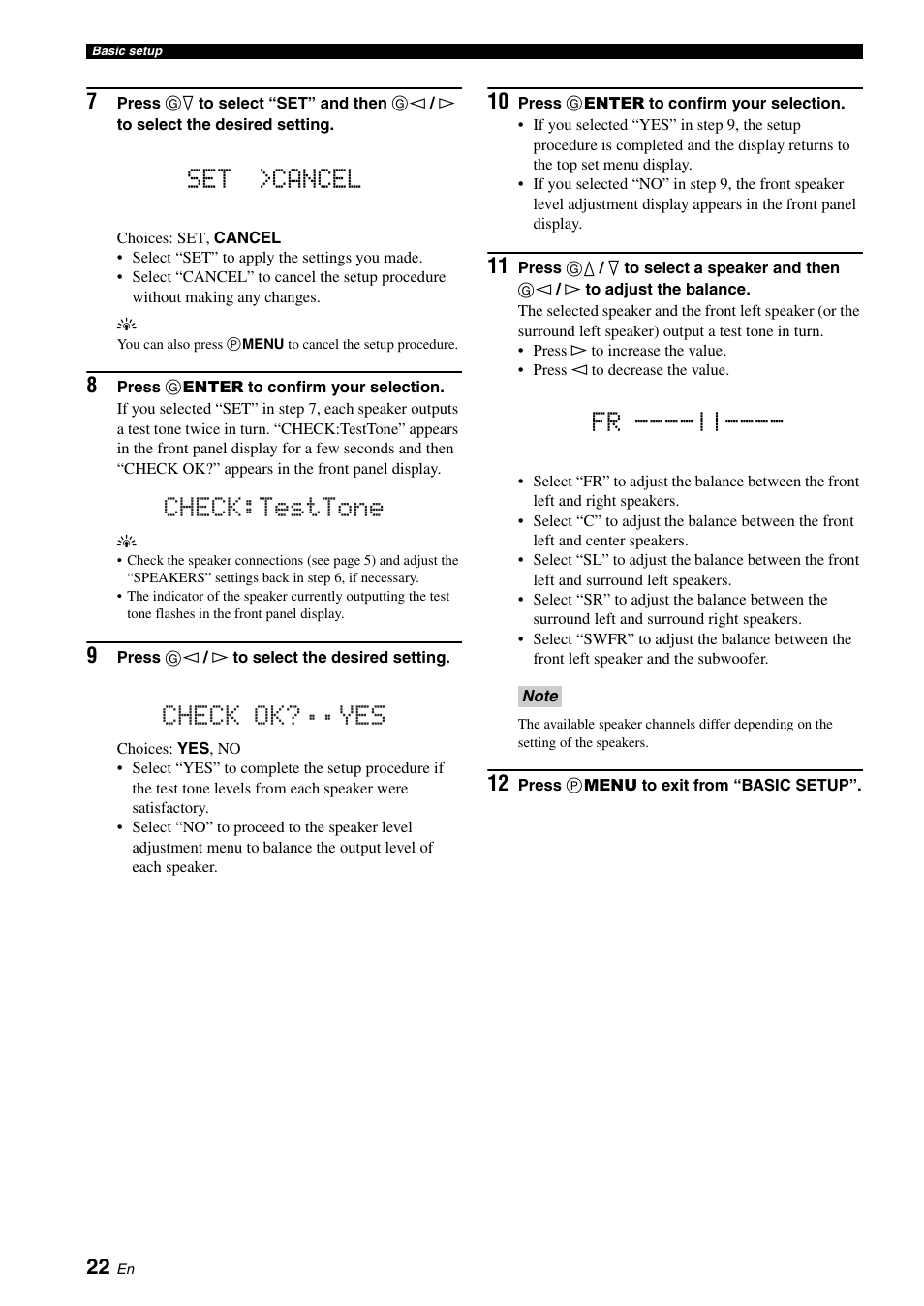 Set >cancel, Check:testtone check ok? ..yes | Yamaha RX-V361 User Manual | Page 26 / 78