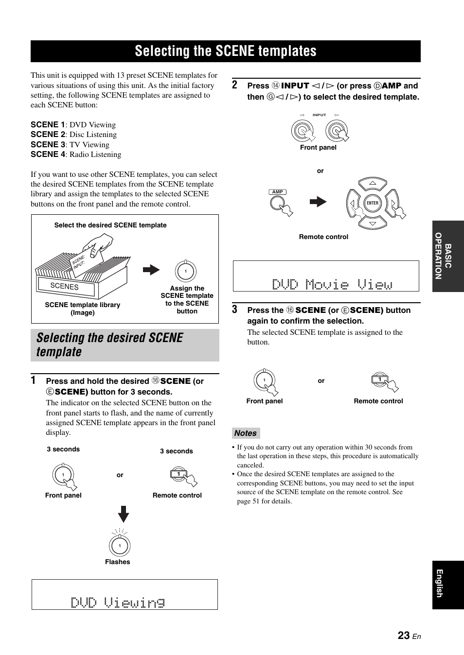 Basic operation, Selecting the scene templates, Selecting the desired scene template | P. 23, Dvd viewing, Dvd movie view | Yamaha RX-V361 User Manual | Page 27 / 78