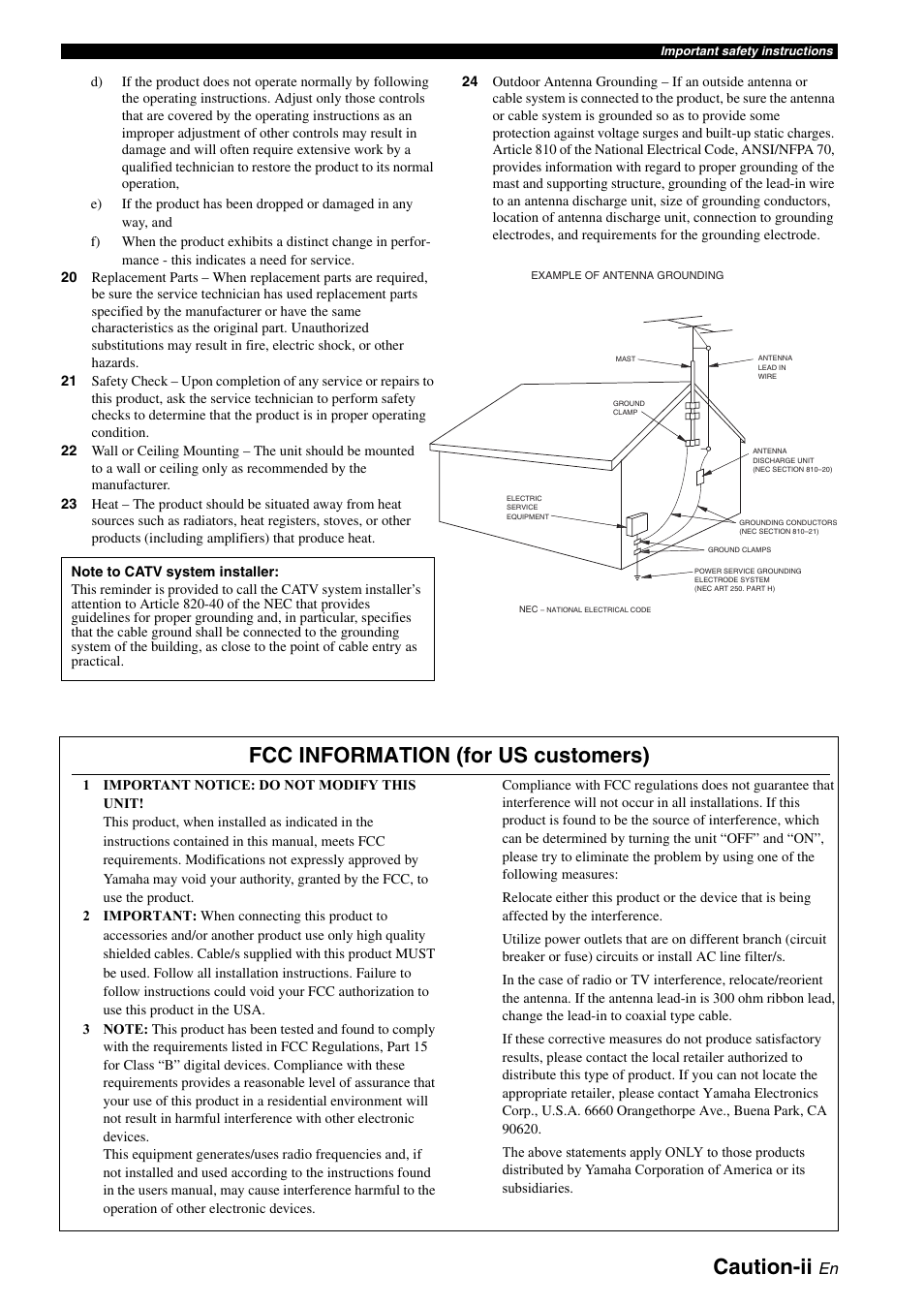 Caution-ii, Fcc information (for us customers) | Yamaha RX-V361 User Manual | Page 3 / 78