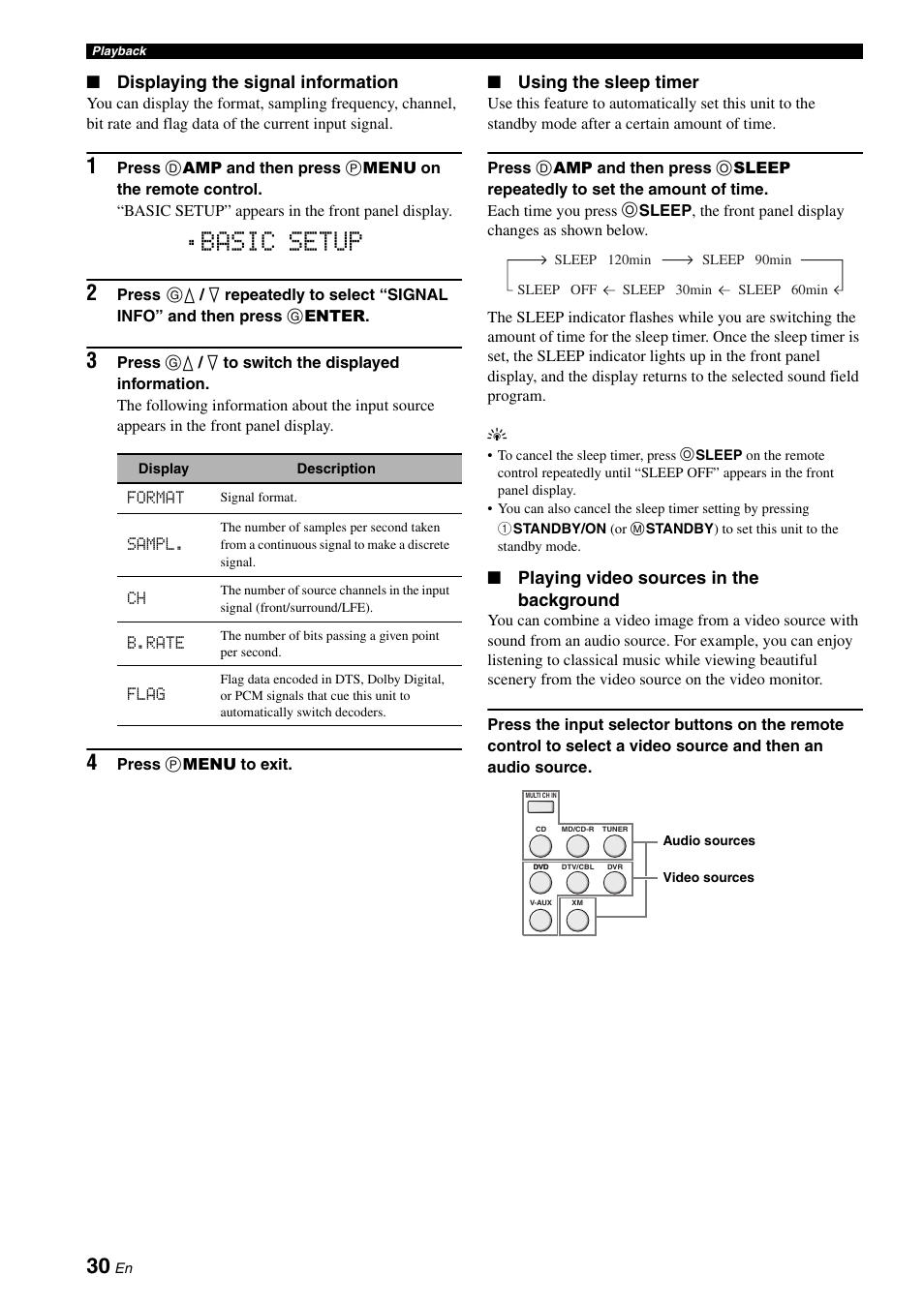 P. 30, Basic setup, Displaying the signal information | Using the sleep timer, Playing video sources in the background | Yamaha RX-V361 User Manual | Page 34 / 78