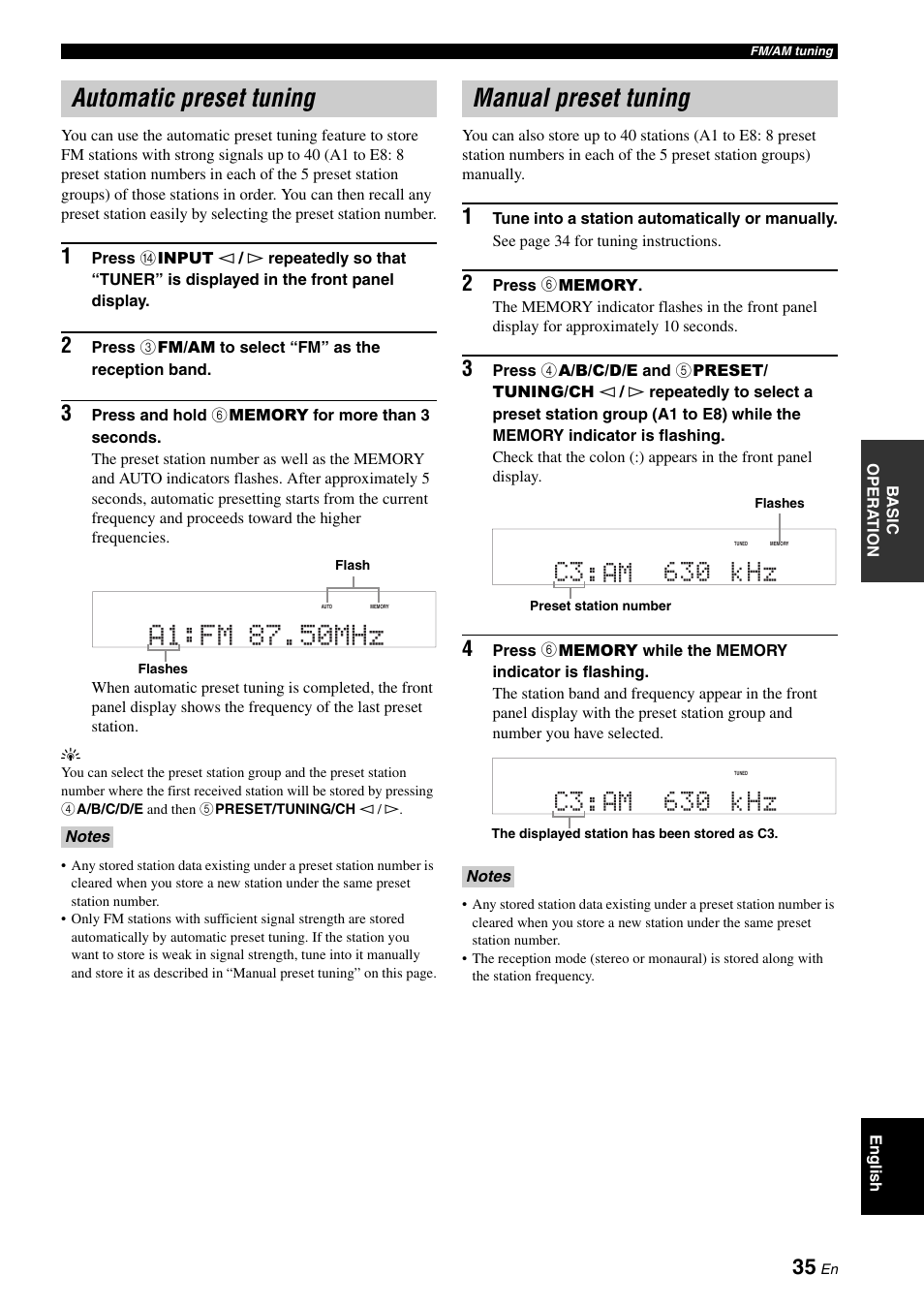 Automatic preset tuning, Manual preset tuning, Automatic preset tuning manual preset tuning | C3 am 630 khz | Yamaha RX-V361 User Manual | Page 39 / 78