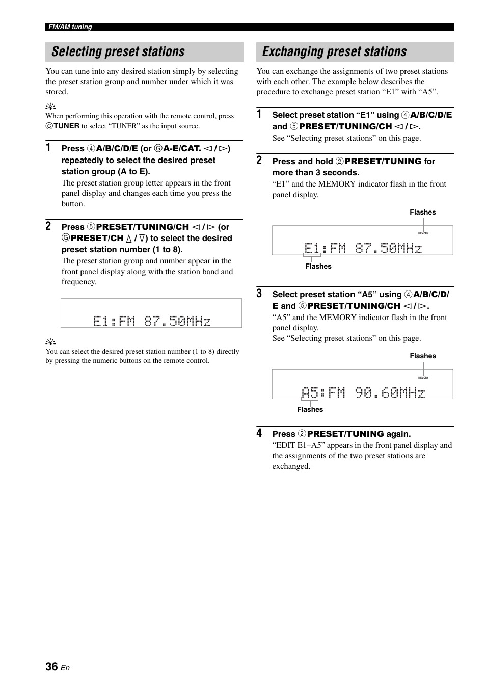 Selecting preset stations, Exchanging preset stations, To 36 | Yamaha RX-V361 User Manual | Page 40 / 78