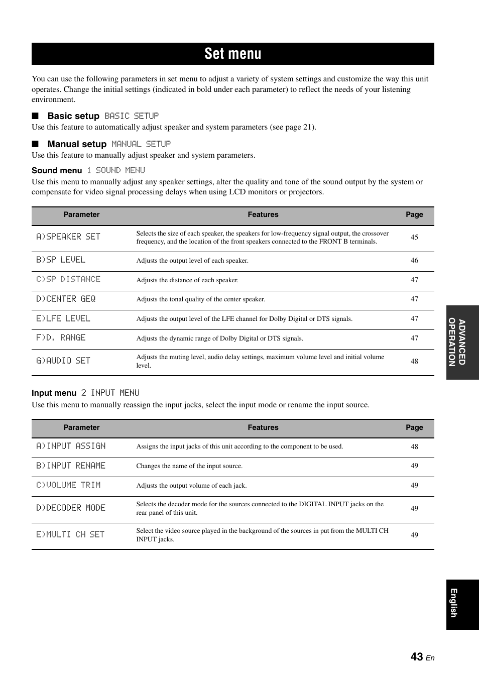 Advanced operation, Set menu, P. 43 | Yamaha RX-V361 User Manual | Page 47 / 78