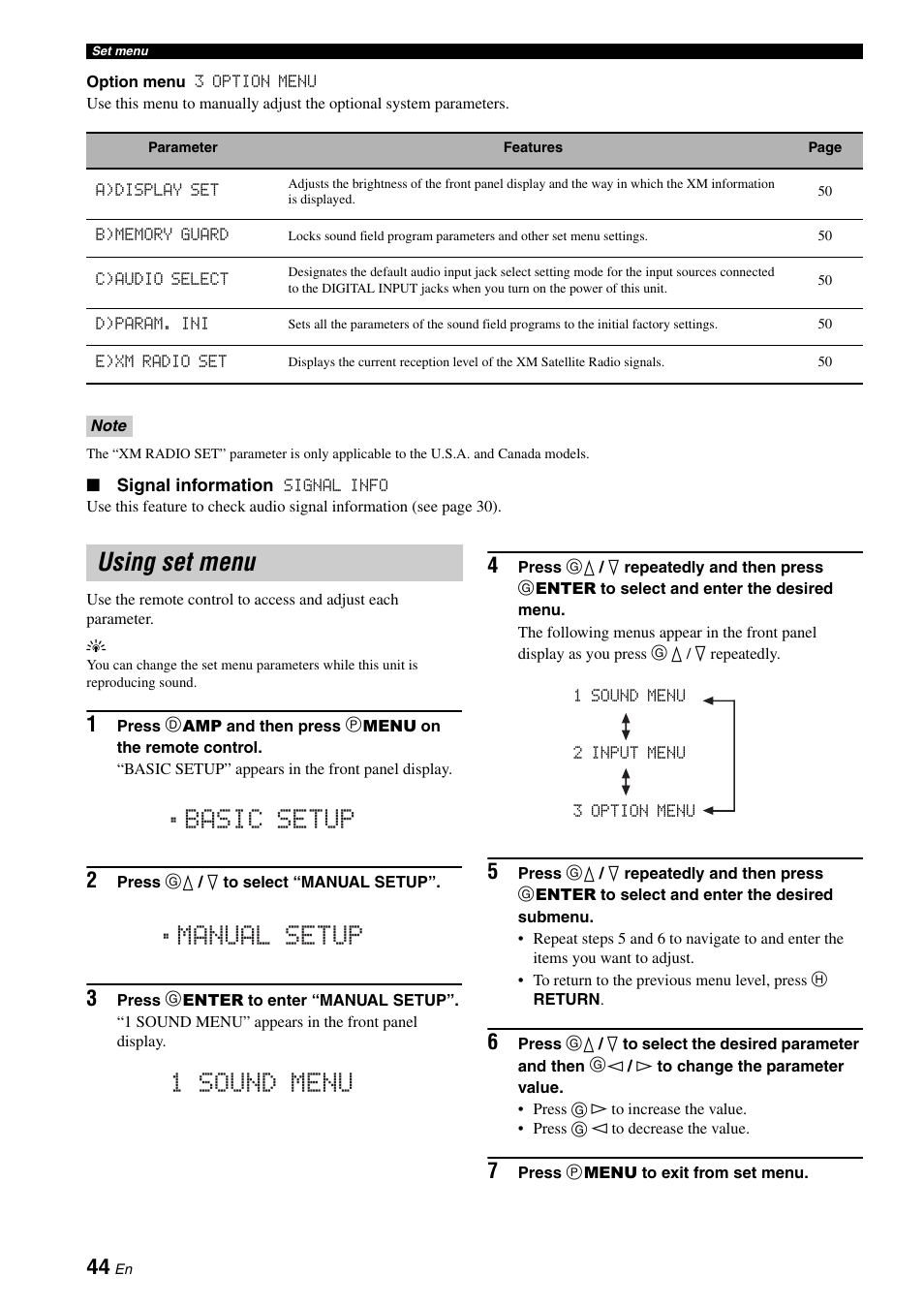 Using set menu | Yamaha RX-V361 User Manual | Page 48 / 78