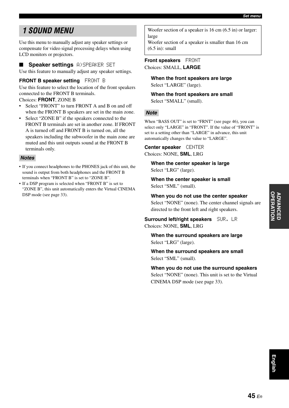 1 sound menu | Yamaha RX-V361 User Manual | Page 49 / 78