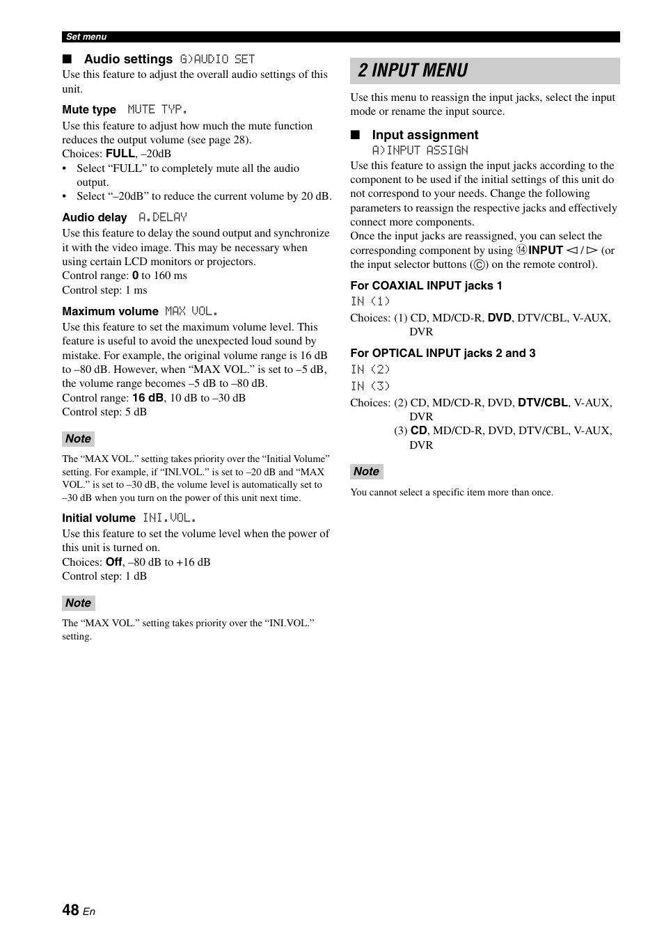 2 input menu | Yamaha RX-V361 User Manual | Page 52 / 78