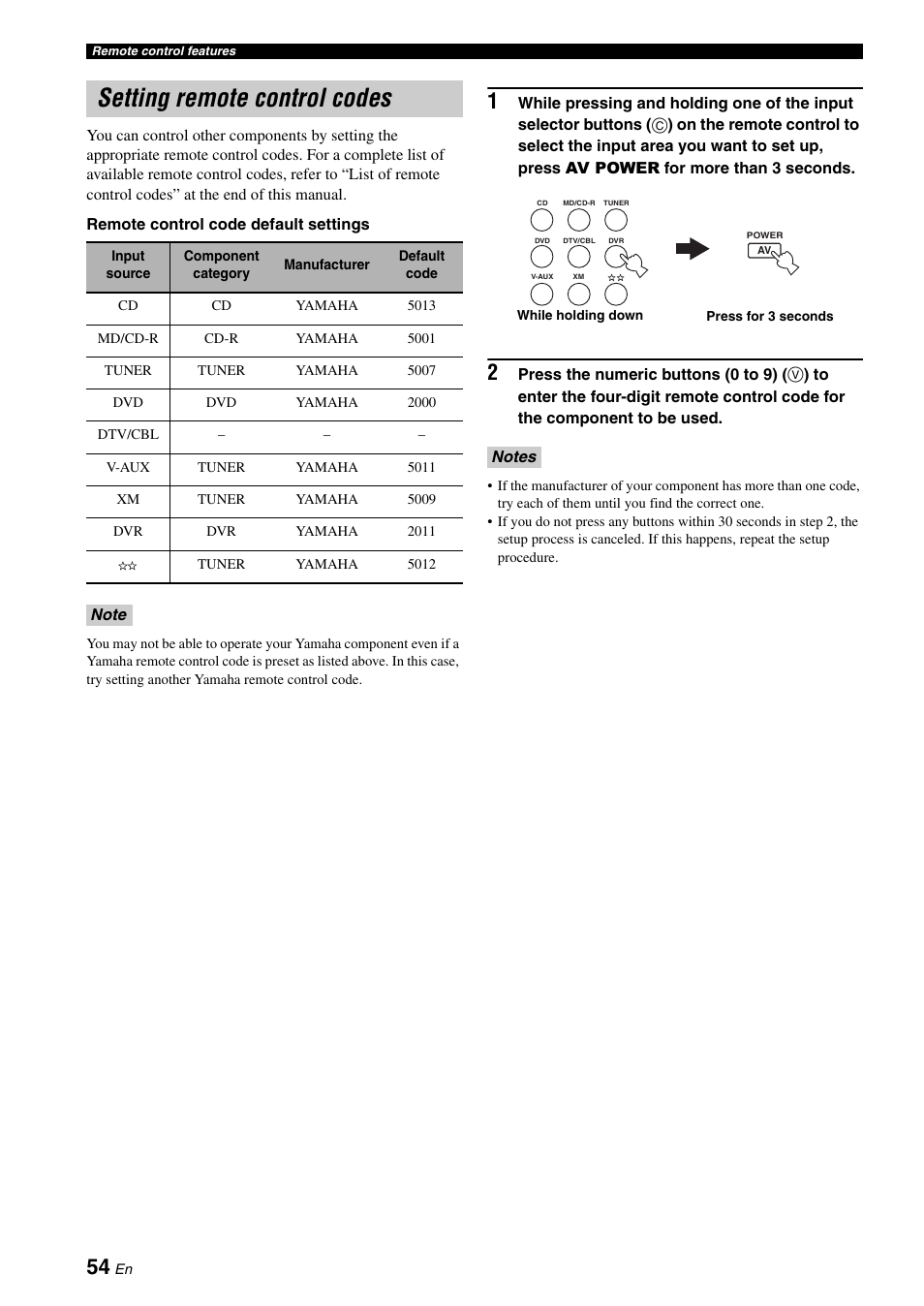 Setting remote control codes | Yamaha RX-V361 User Manual | Page 58 / 78