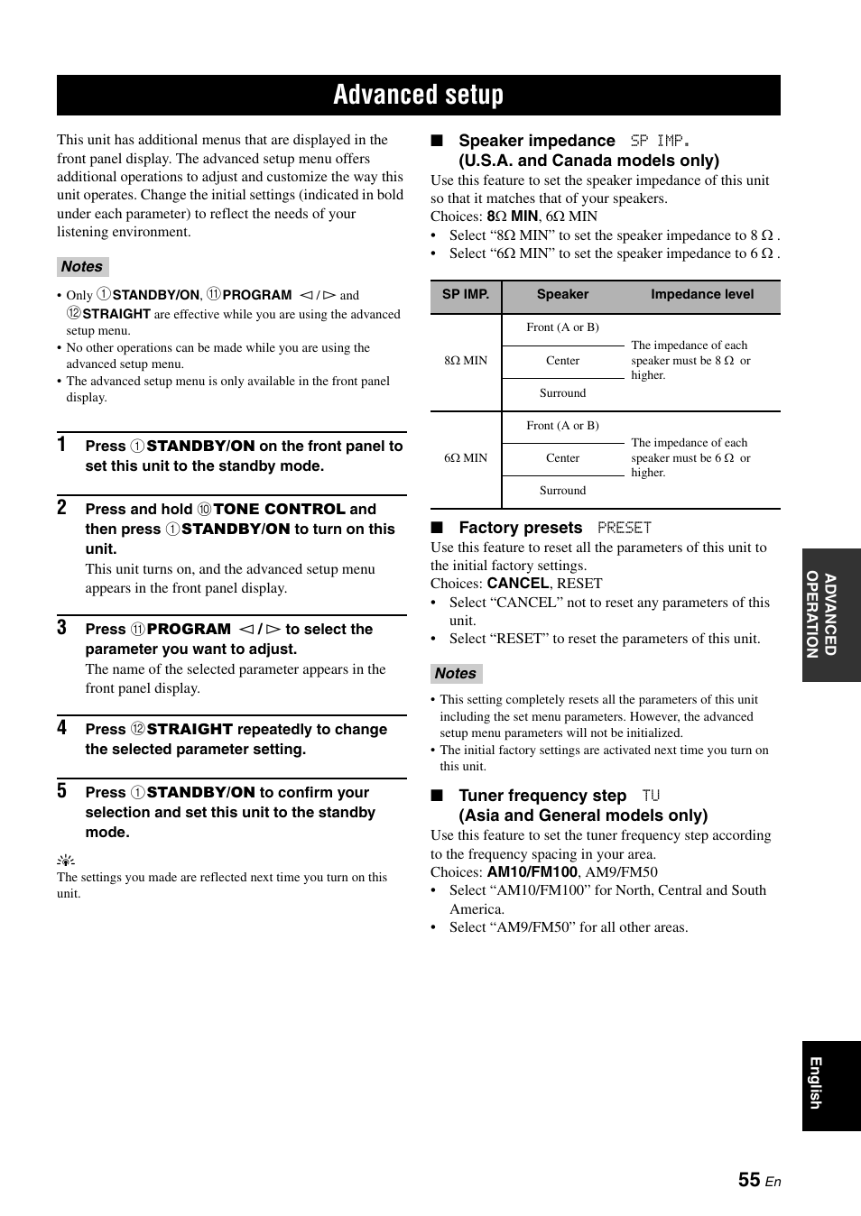 Advanced setup, P. 55 | Yamaha RX-V361 User Manual | Page 59 / 78