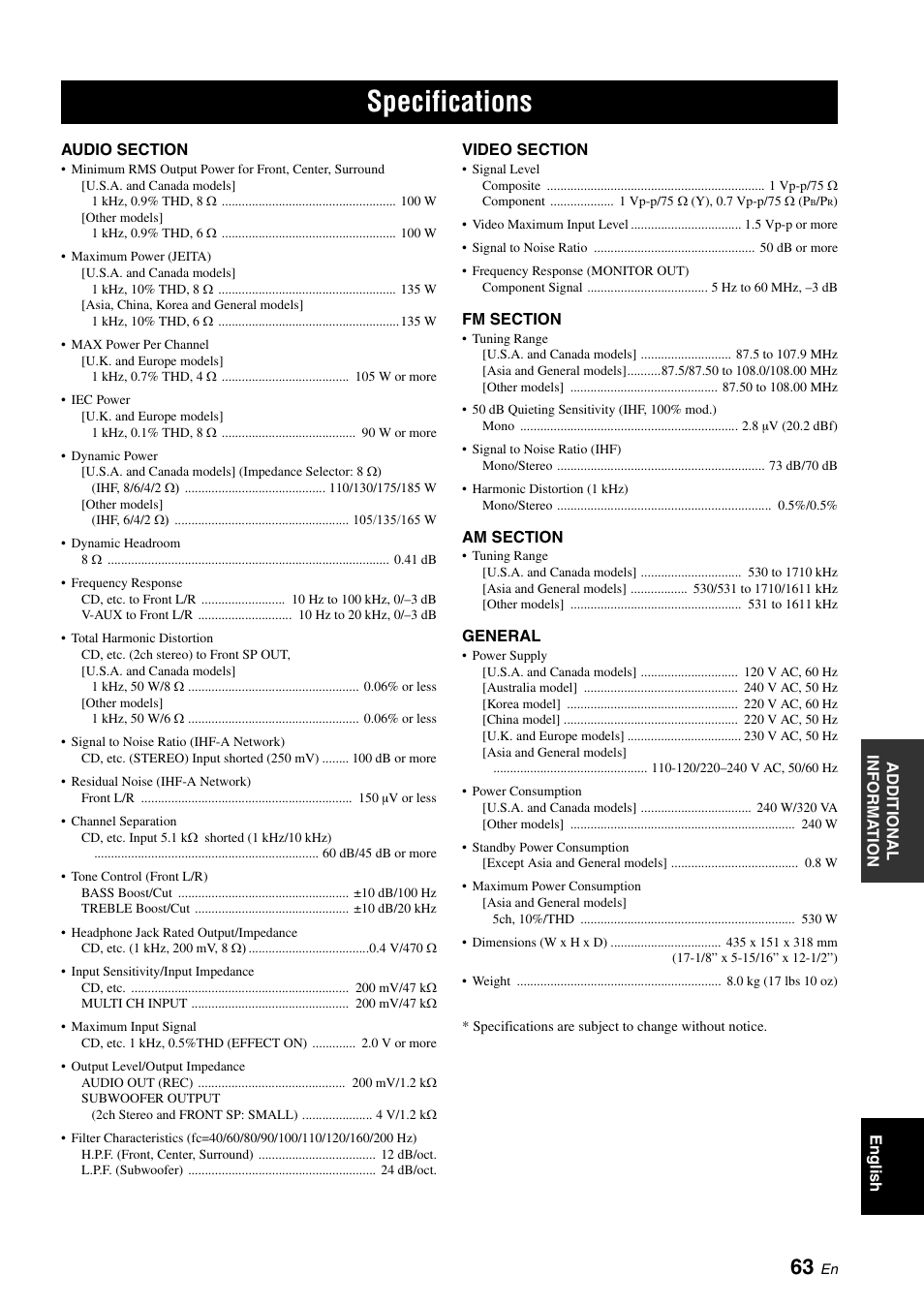 Specifications | Yamaha RX-V361 User Manual | Page 67 / 78