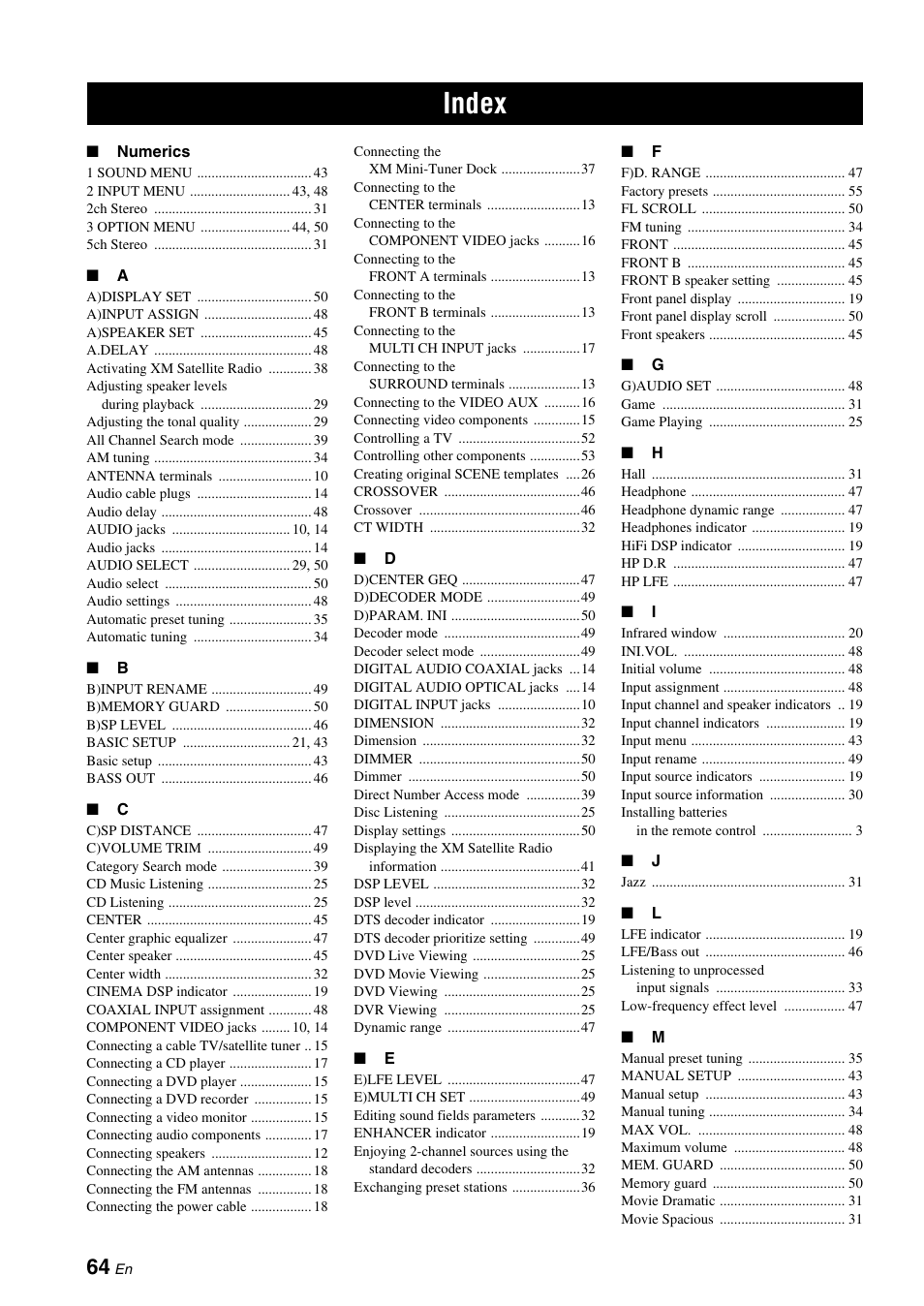 Index | Yamaha RX-V361 User Manual | Page 68 / 78