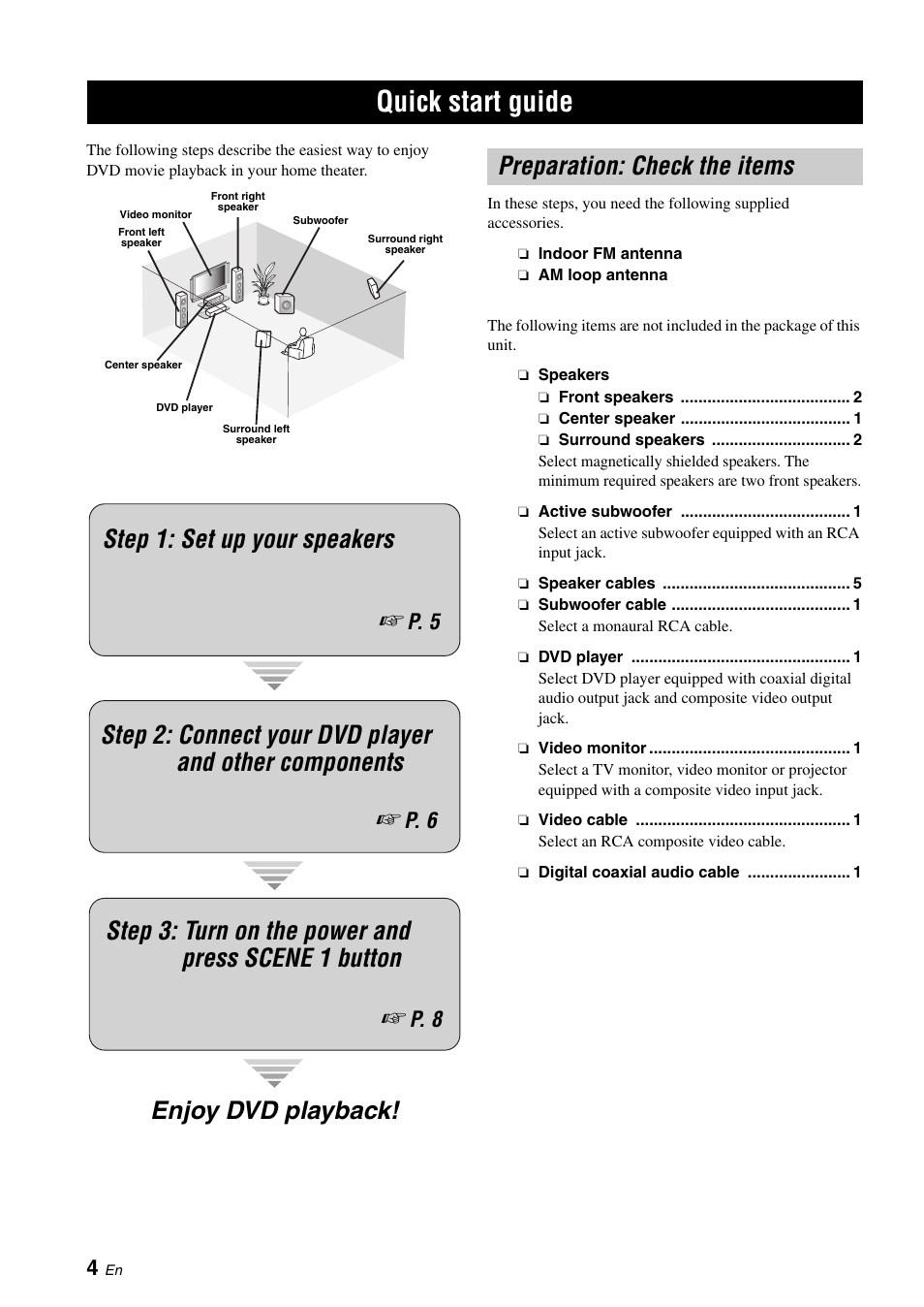 Quick start guide, Preparation: check the items, Enjoy dvd playback! step 1: set up your speakers | P. 5, P. 6, P. 8 | Yamaha RX-V361 User Manual | Page 8 / 78